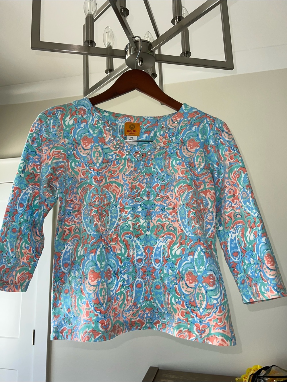 Ruby Rd. Coral and Aqua Paisley Scoop-Neck Tunic